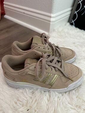 adidas Taupe Suede Sneakers with Metallic Gold Stripes